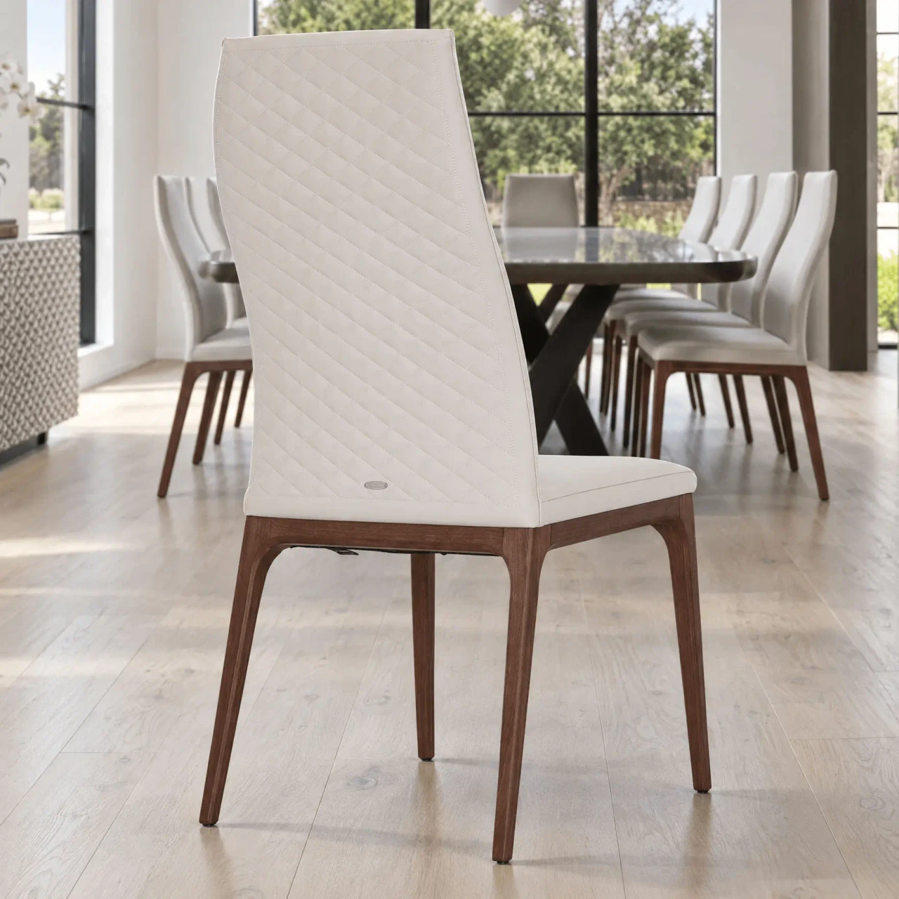 LINO - Cattelan Arcadia Couture High Back Side Chair in Lino Soft Leather 948 with walnut stained beech frame, rear view, dining