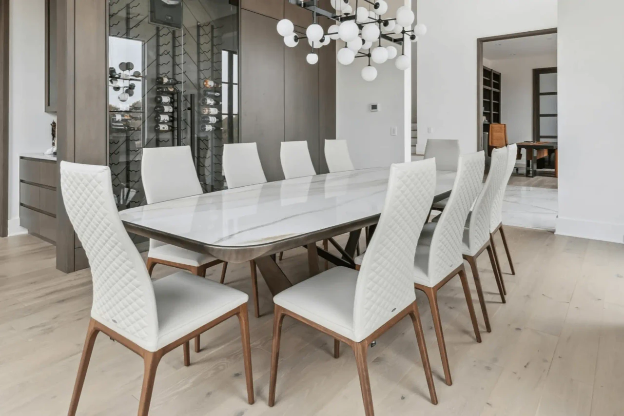 LINO - Cattelan Arcadia Couture High Back Side Chair, Lino Soft Leather 948, Walnut Stained Beech Frame, diamond tufted, dining