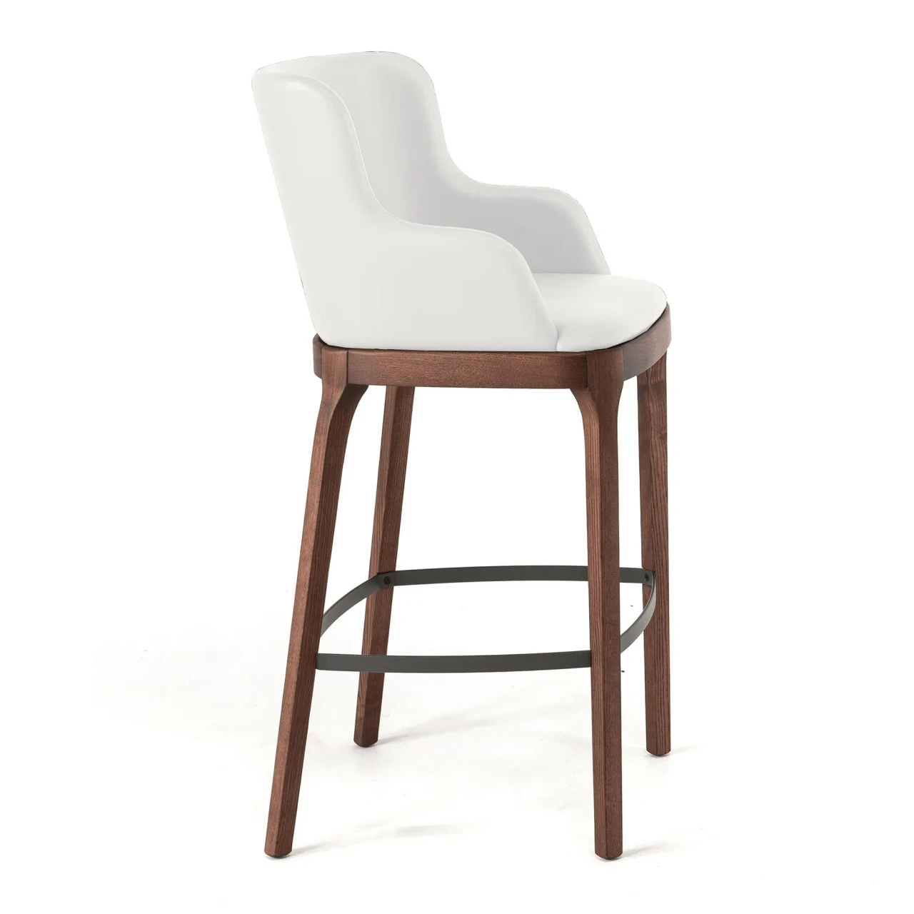 BIANCO - Cattelan Magda Bar Stool in Bianco Soft Leather and Walnut Stained Ashwood Base, side view with metal footrest