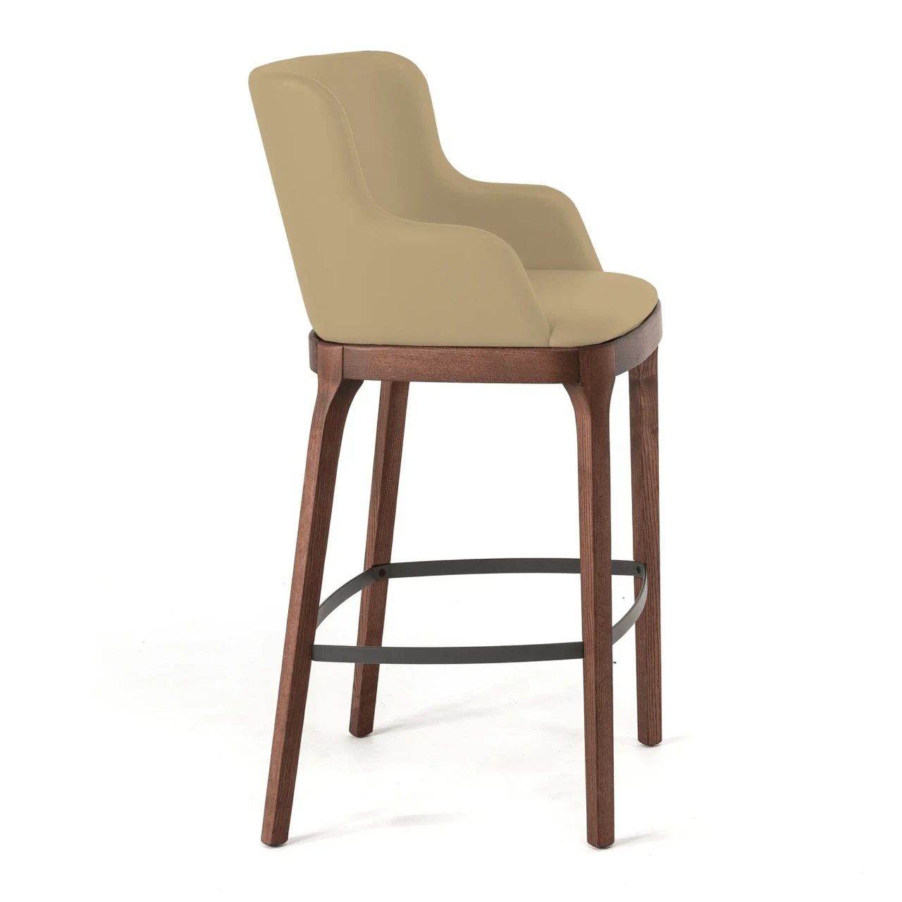 SAFARI - Cattelan Magda Bar Stool in Safari soft leather with walnut stained ashwood base, side view.