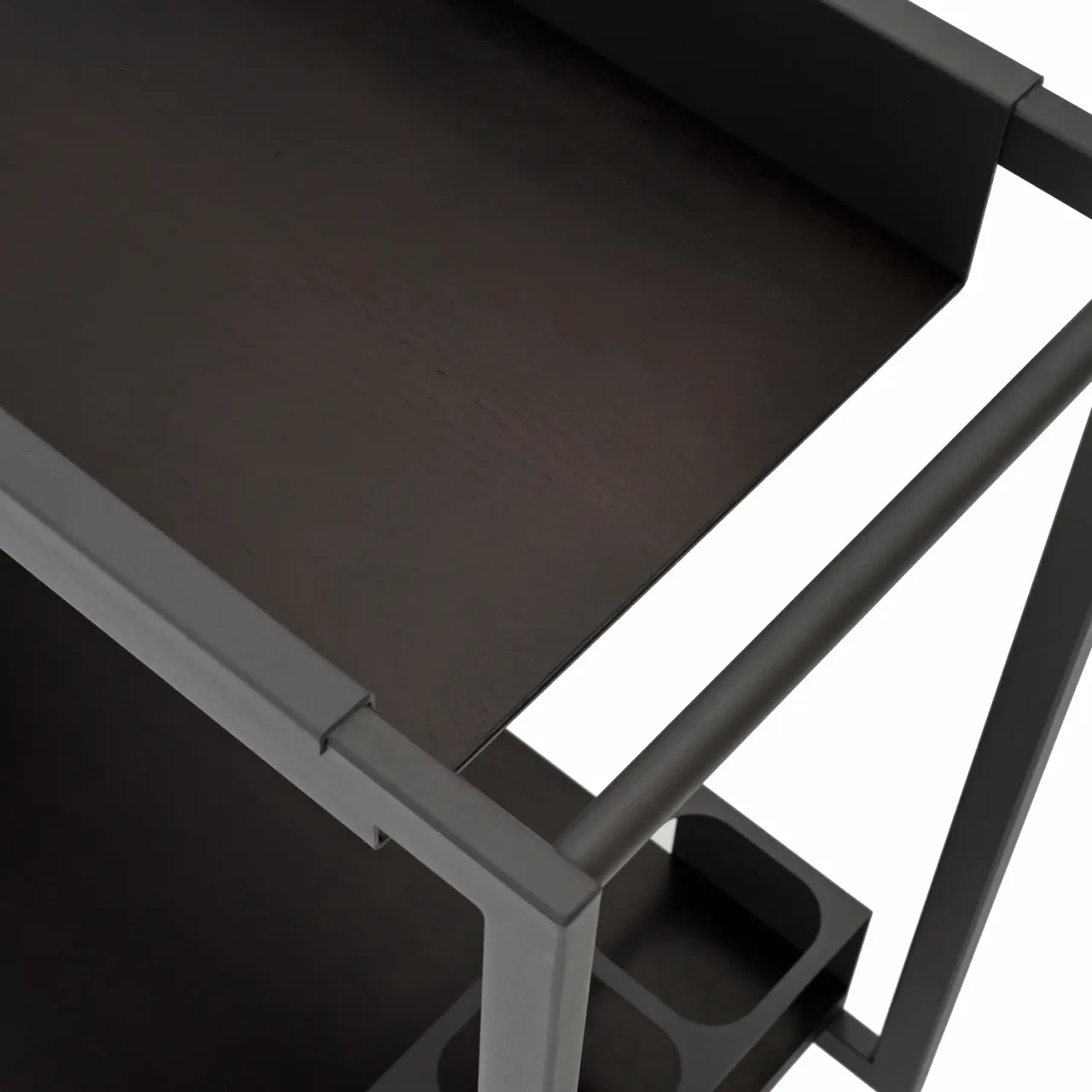 Closeup - Brandy Bar Cart Burnt Oak Top Shelf