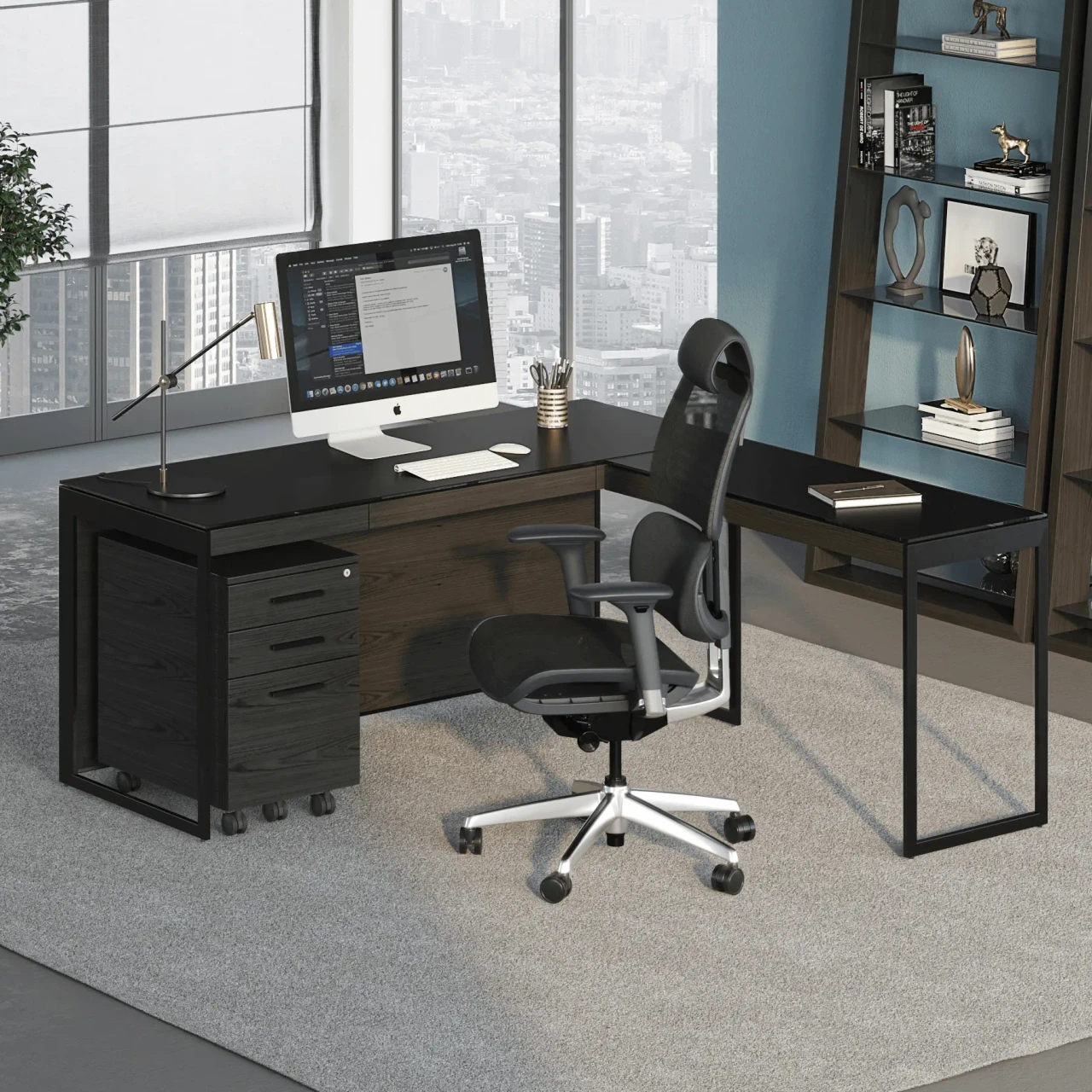 CHARCOAL - Modern L-shaped black wood office desk with matching file cabinet and ergonomic chair, angled front view.