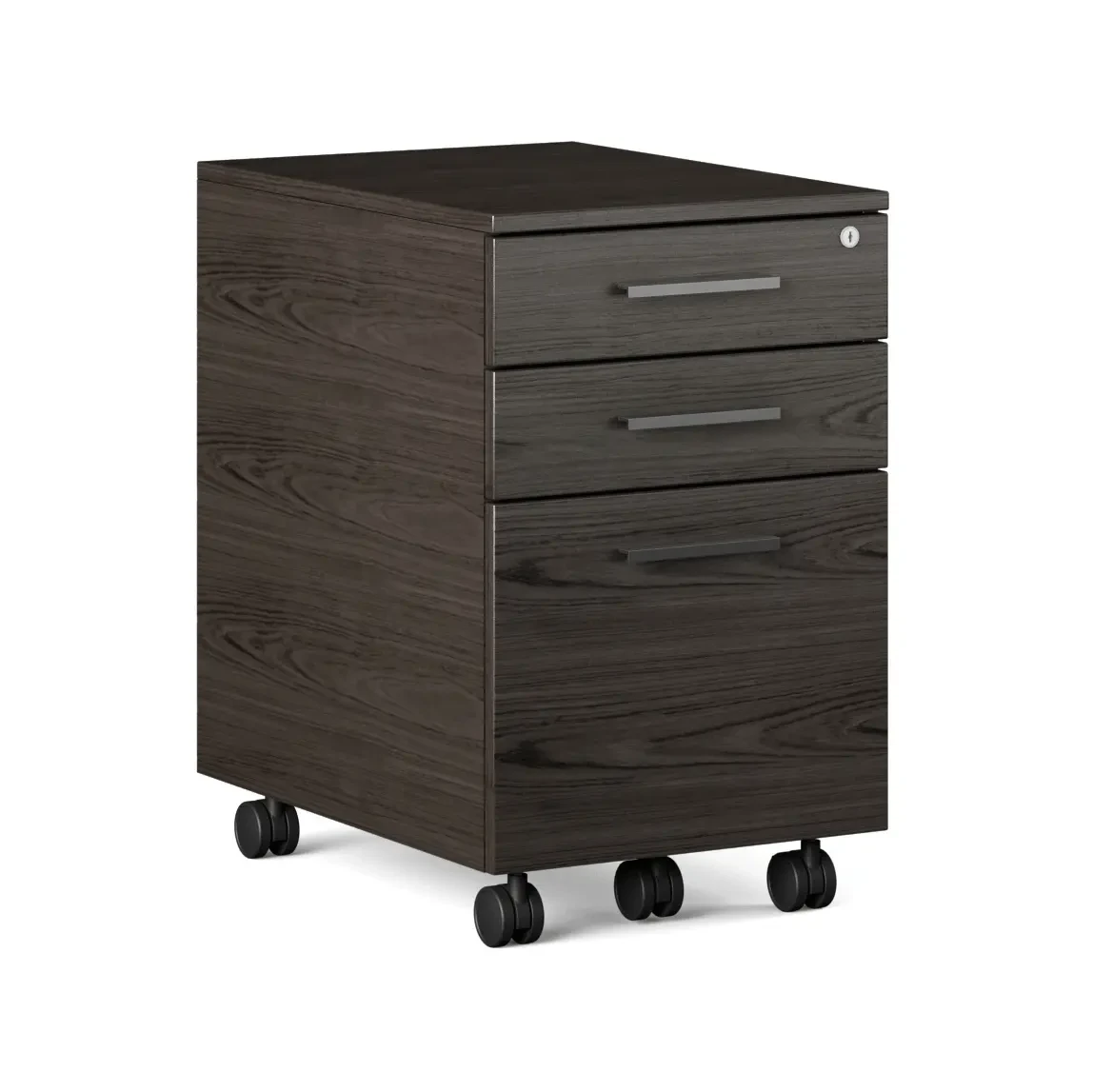 CHARCOAL - Dark brown wood grain mobile filing cabinet with three drawers, lock, and casters, shown from a three-quarter front angle.