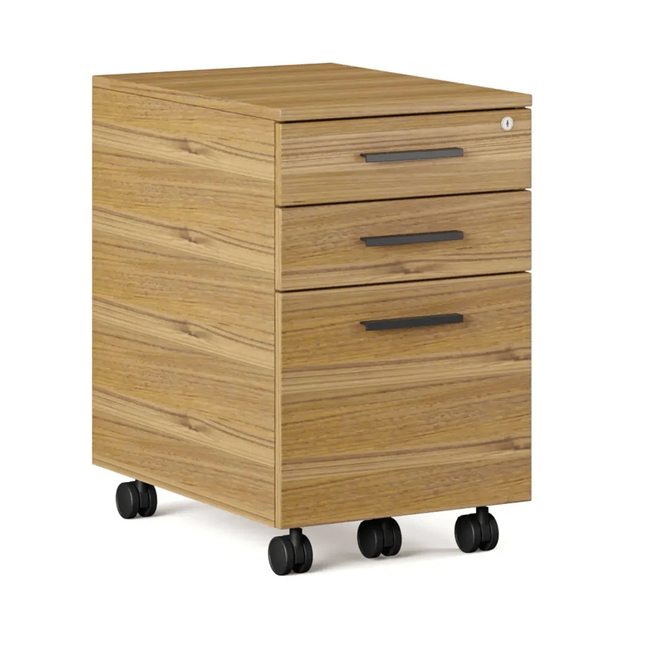 WALNUT - Three-drawer mobile filing cabinet, modern light brown wood grain finish, black handles and casters, three-quarter view.