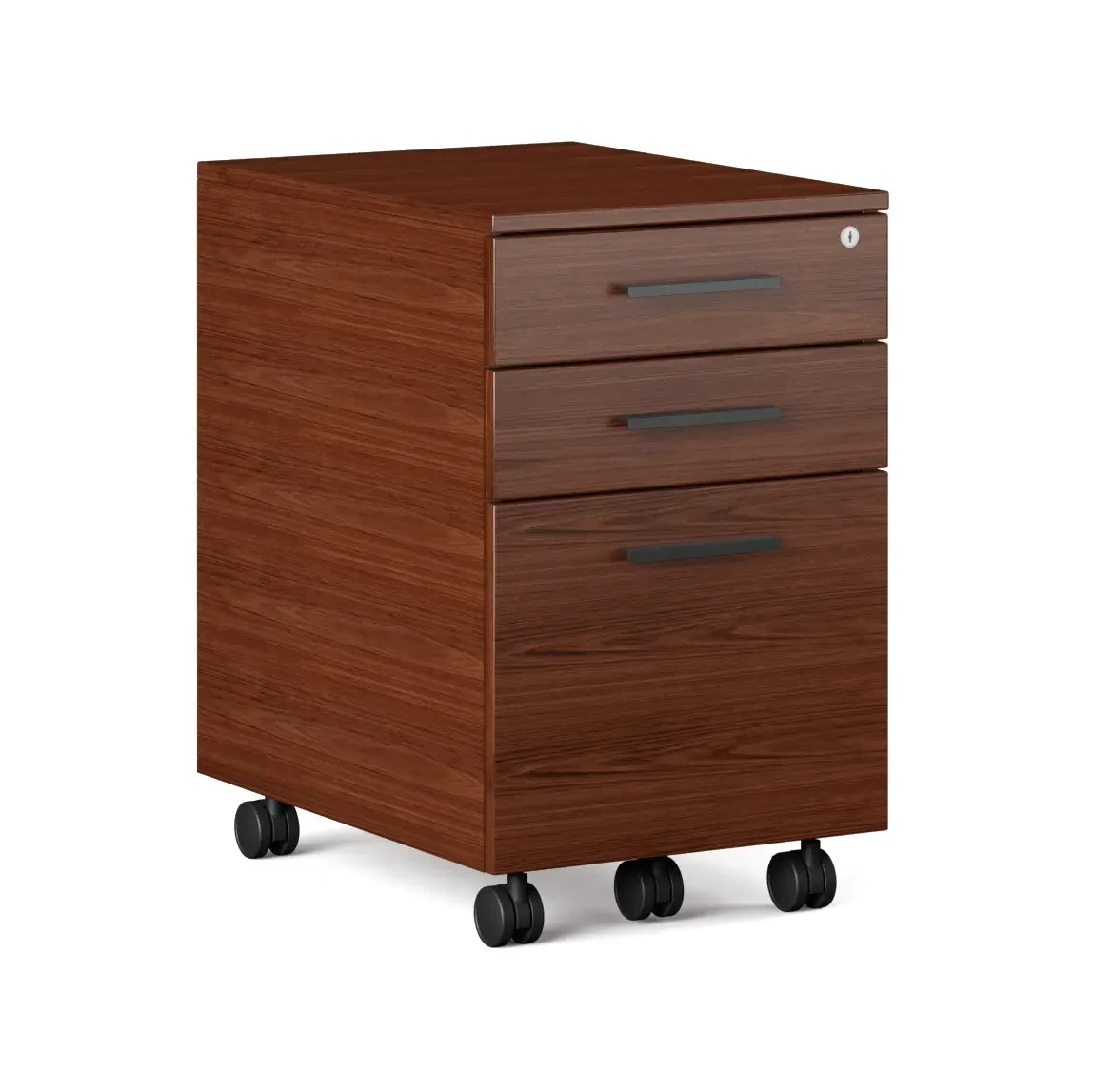 CHOCOLATE - Three-drawer mobile filing cabinet, modern style, reddish-brown wood grain finish, black handles, 3/4 view.