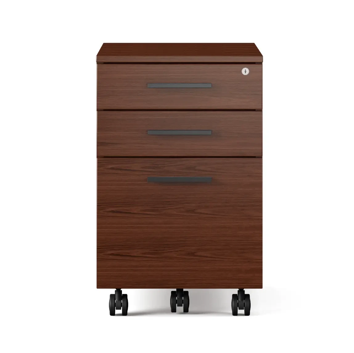 CHOCOLATE - Front view of a modern walnut wood grain 3-drawer mobile filing cabinet with black handles and caster wheels.