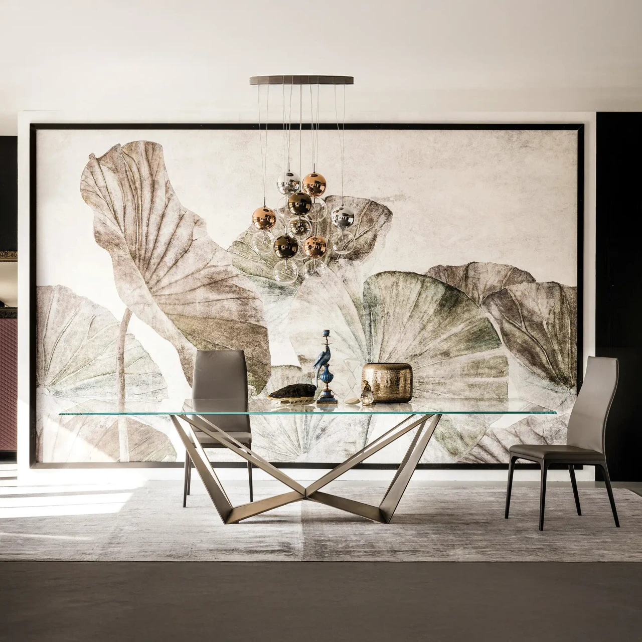 BRUSHED BRONZE - Cattelan Skorpio Glass Dining Table, 94.5 In, brushed bronze steel base, extra-clear glass, front view in dining room.