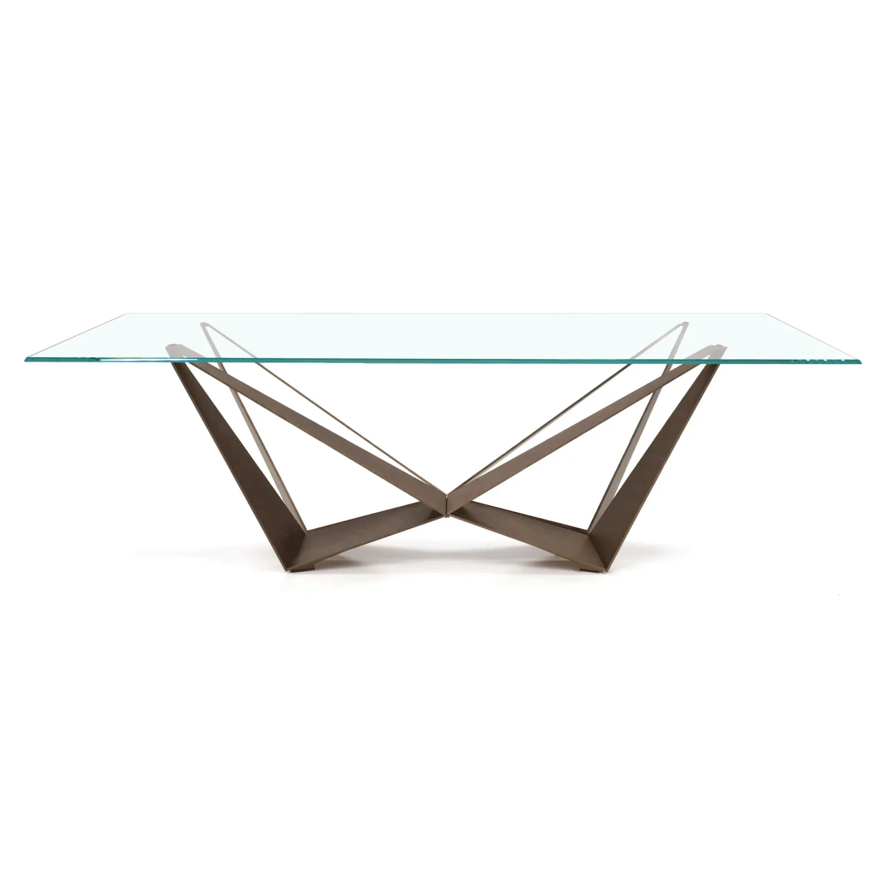 BRUSHED BRONZE - Cattelan Skorpio Glass Dining Table, 94.5 In, brushed bronze steel base, extr-clear glass top, front view.
