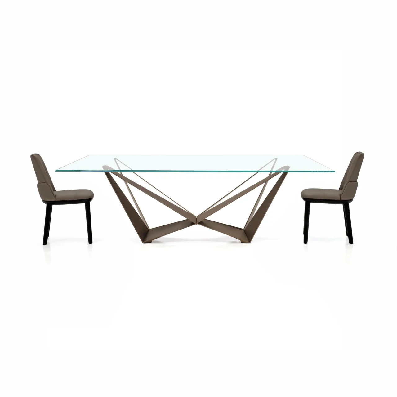 BRUSHED BRONZE - Cattelan Skorpio Glass Dining Table, 94.5 in, brushed bronze steel base, extr-clear glass top, front view in dining room.