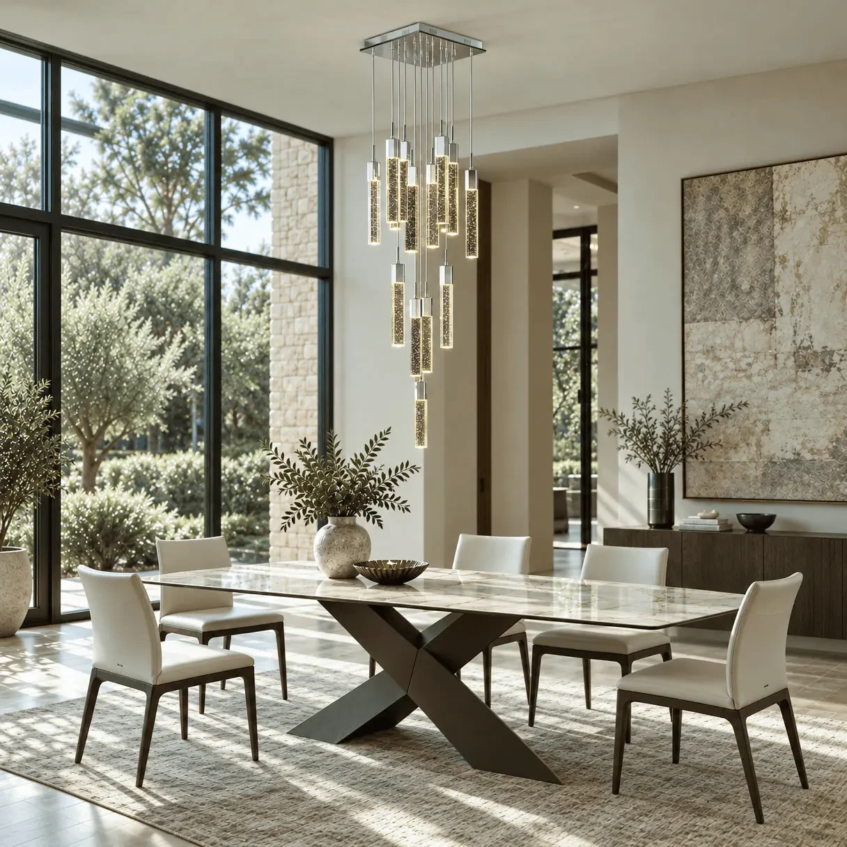 13 - Glacier Suspension Fixture in Polished Chrome and Bubbled Glass, modern dining room setting, eye-level wide shot.