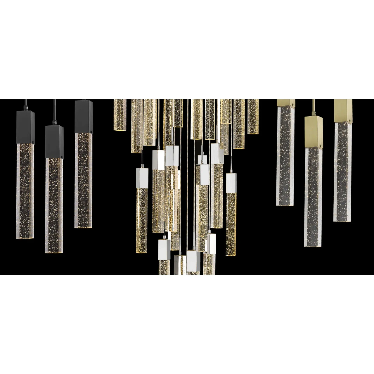 25 - Glacier Suspension Fixture, modern chandelier in polished chrome and bubbled glass, front view, 25-light dimmable LED.