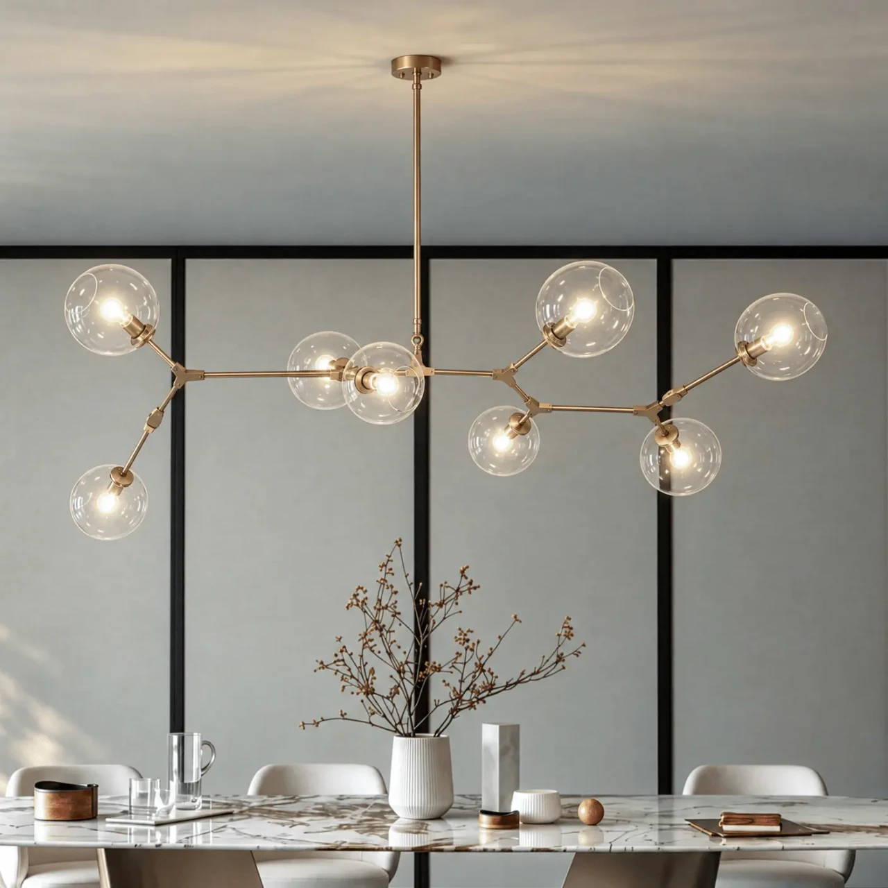 BRUSHED BRASS - Covington 8-light Pendant, modern brushed brass metal chandelier with glass globe shades, front view in dining room setting.