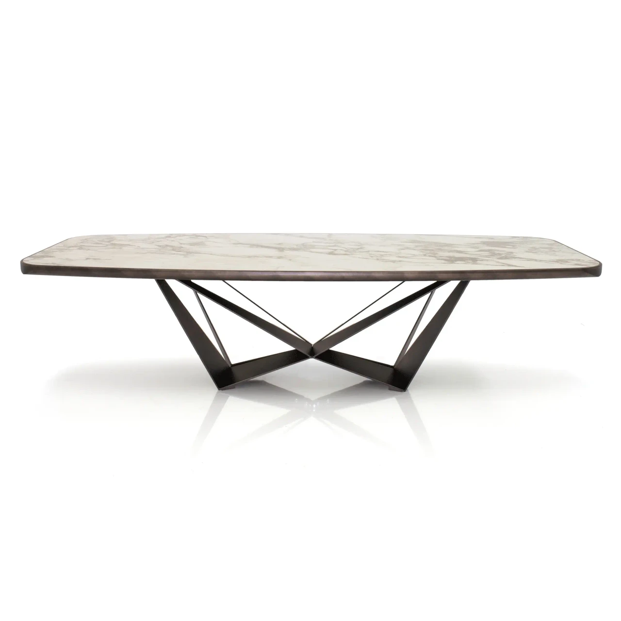 BRECCIA || 94.5 IN - Cattelan Skorpio Keramik Premium Dining Table, Breccia Ceramic Top KM12, Embossed Bronze Steel Base, front view.
