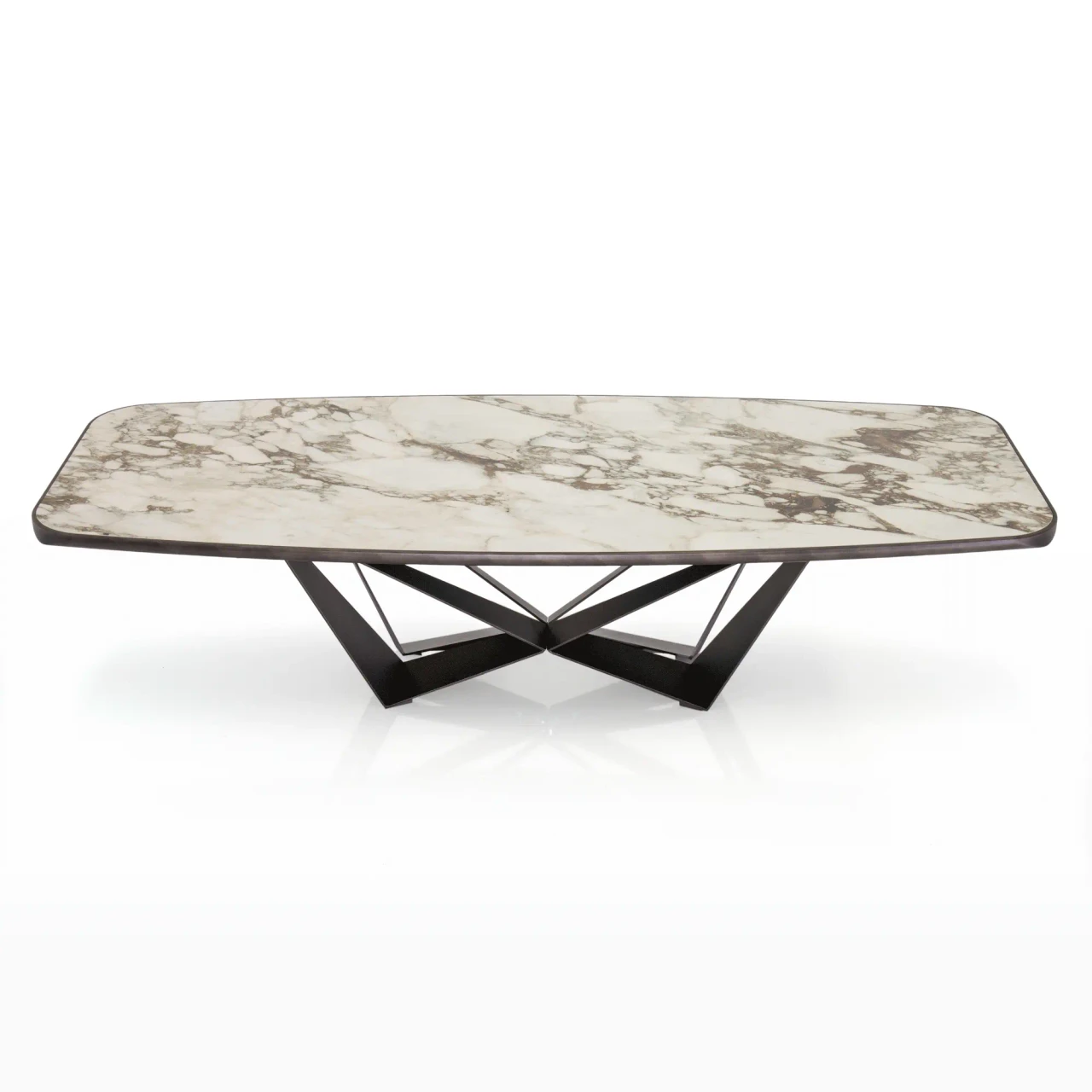 BRECCIA || 94.5 IN - Cattelan Skorpio Keramik Premium Dining Table, Breccia Ceramic Top, Embossed Bronze Steel Base, front view.