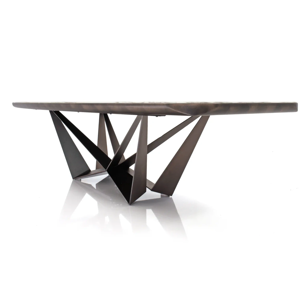 BRECCIA || 94.5 IN - Cattelan Skorpio Keramik Premium Dining Table, Breccia Ceramic Top, Embossed Bronze Steel Base, front view.