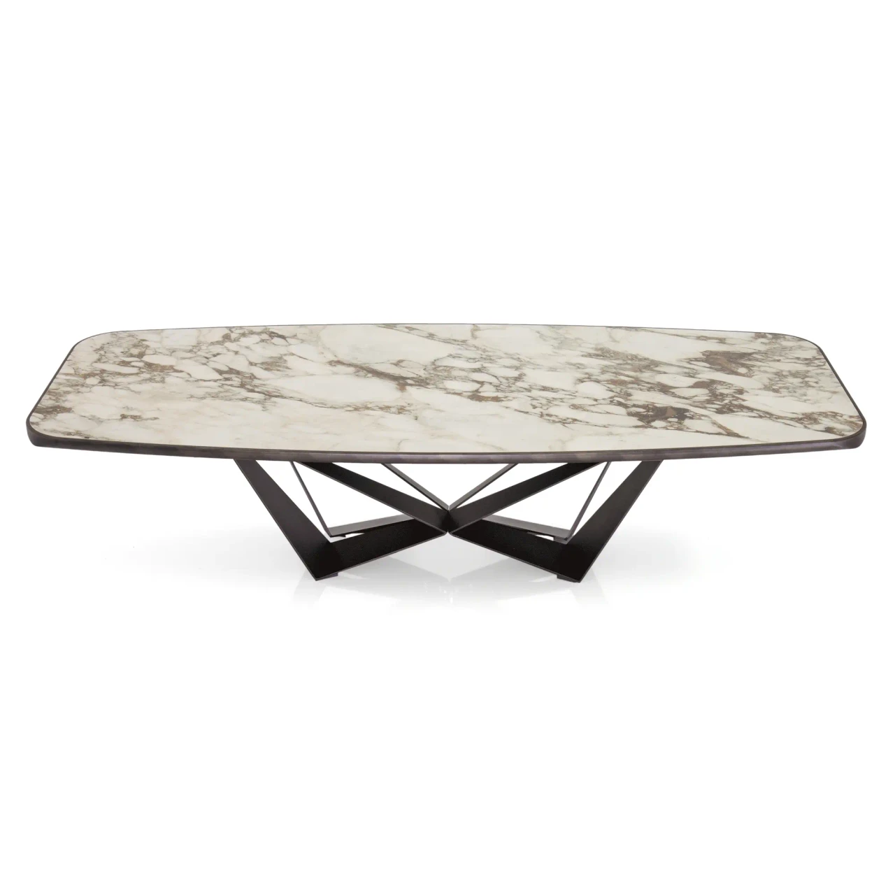 BRECCIA || 118 IN - Cattelan Skorpio Keramik Premium Dining Table, Breccia Ceramic Top, Embossed Bronze Steel Base, front view angle