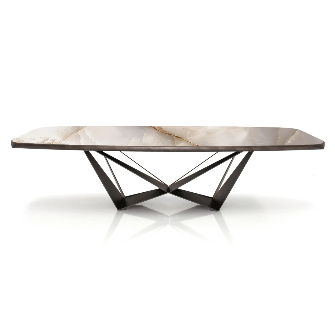 ALABASTRO || 94.5 IN - Cattelan Skorpio Keramik Premium Dining Table, Alabastro Ceramic Top, Embossed Bronze Steel Base, front view.