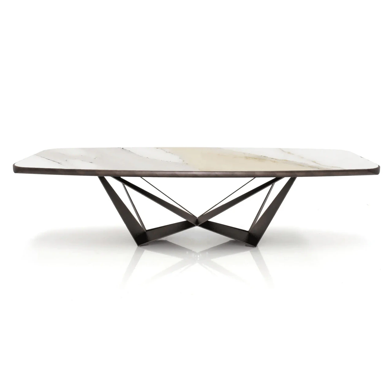MATTE GOLDEN CALACATTA || 118 IN - Cattelan Skorpio Keramik Premium Dining Table, 118 In, Golden Calacatta Ceramic Top, Embossed Bronze Steel Base, front view