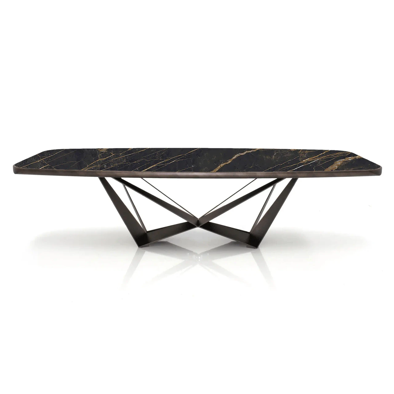 GLOSSY PORTORO || 94.5 IN - Cattelan Skorpio Keramik Premium Dining Table, modern, glossy Portoro ceramic top, embossed bronze steel base, front view.