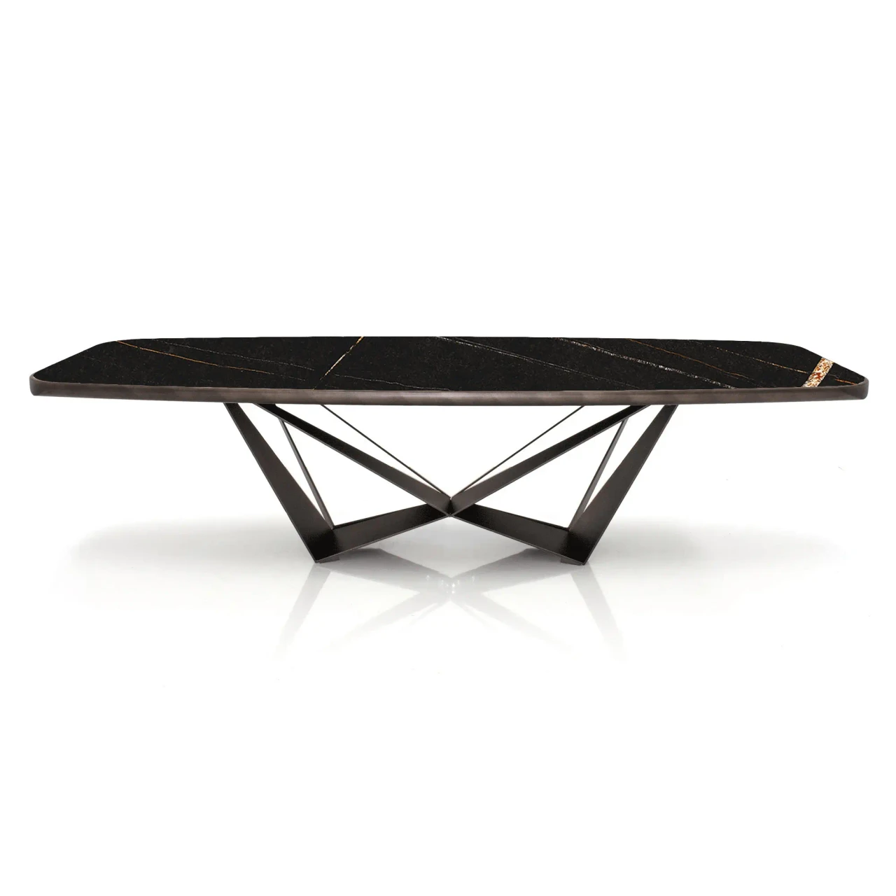 GLOSSY SAHARA NOIR || 118 IN - Cattelan Skorpio Keramik Premium Dining Table, 118 In, black glossy Sahara ceramic top, bronze steel base, front view.