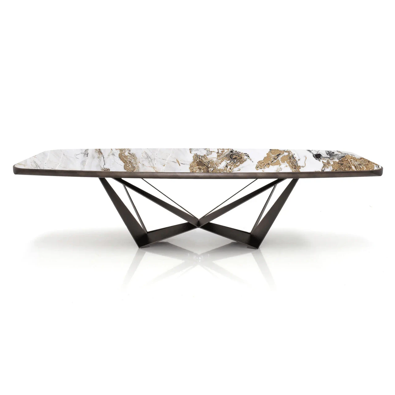 MAKALU || 94.5 IN - Cattelan Skorpio Keramik Premium Dining Table, modern, Makalu Ceramic Top KM11, Embossed Bronze Steel Base, front view