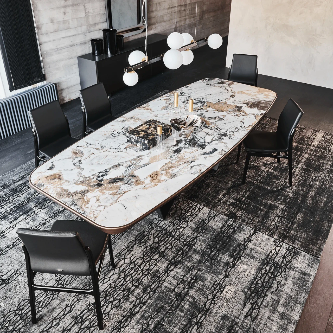 MAKALU || 94.5 IN - Cattelan Skorpio Keramik Premium Dining Table, Makalu Ceramic Top, Bronze Steel Base, dining room, high angle view