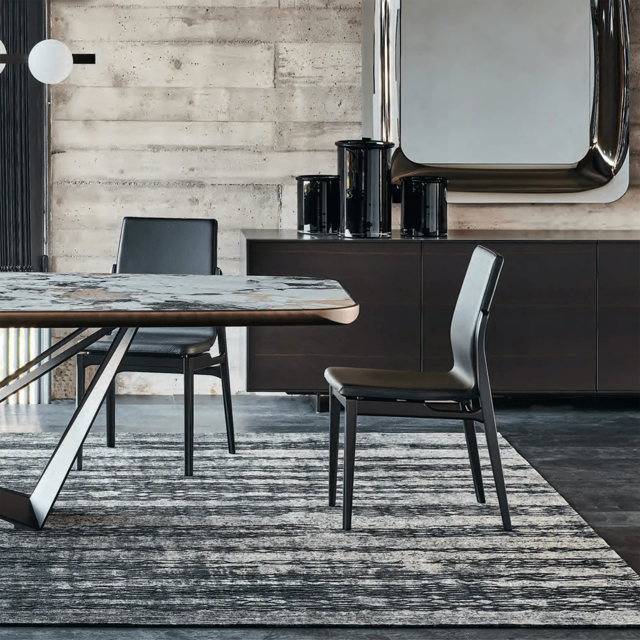 MAKALU || 94.5 IN - Cattelan Skorpio Keramik Premium Dining Table with Makalu Ceramic Top and Embossed Bronze Steel Base in modern dining room.