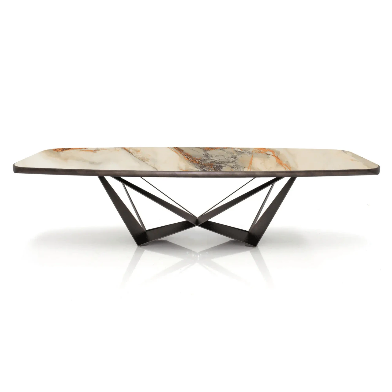 BORGHINI CALACATTA || 118 IN - Cattelan Skorpio Keramik Premium Dining Table, Borghini Calacatta Ceramic Top, Embossed Bronze Steel Base, front view.