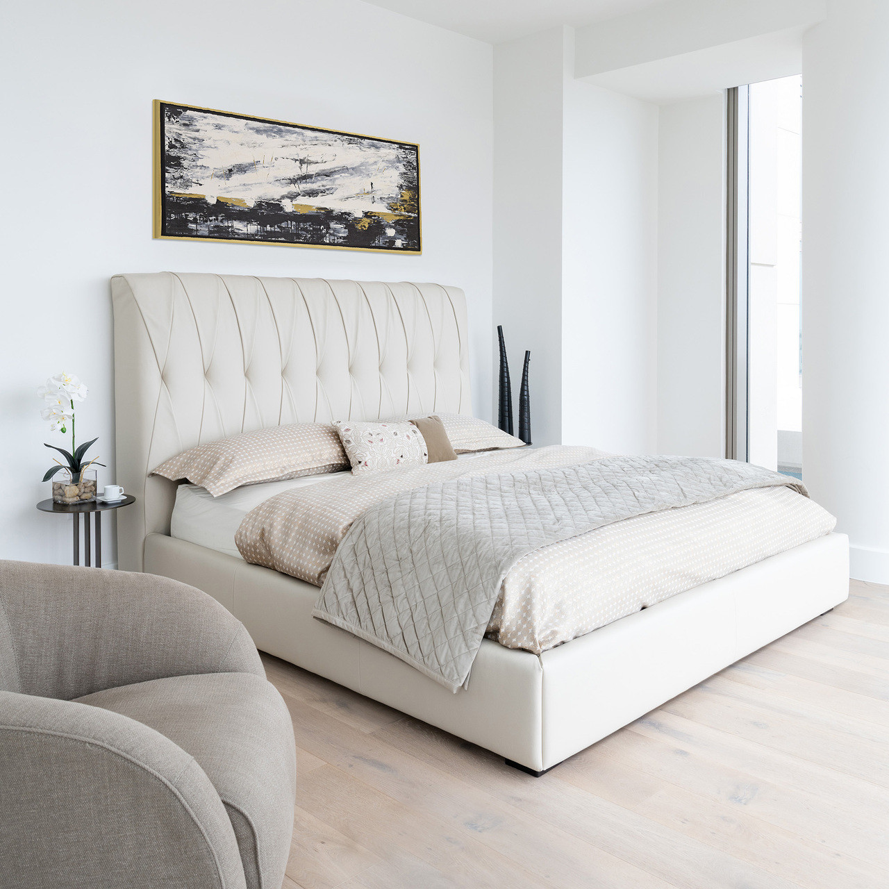IVORY LEATHER - Marlon Night Bed Shown in a Bedroom Setting