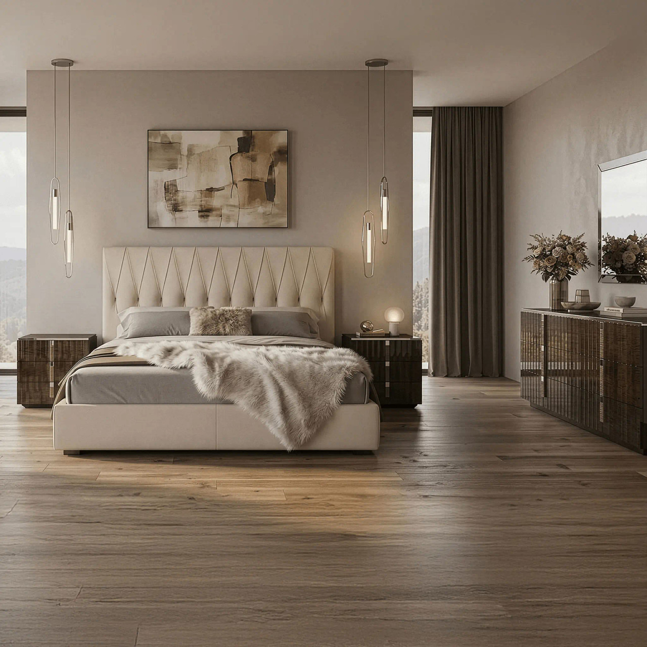 IVORY LEATHER - Marlon Night Bed Shown in a Bedroom Setting