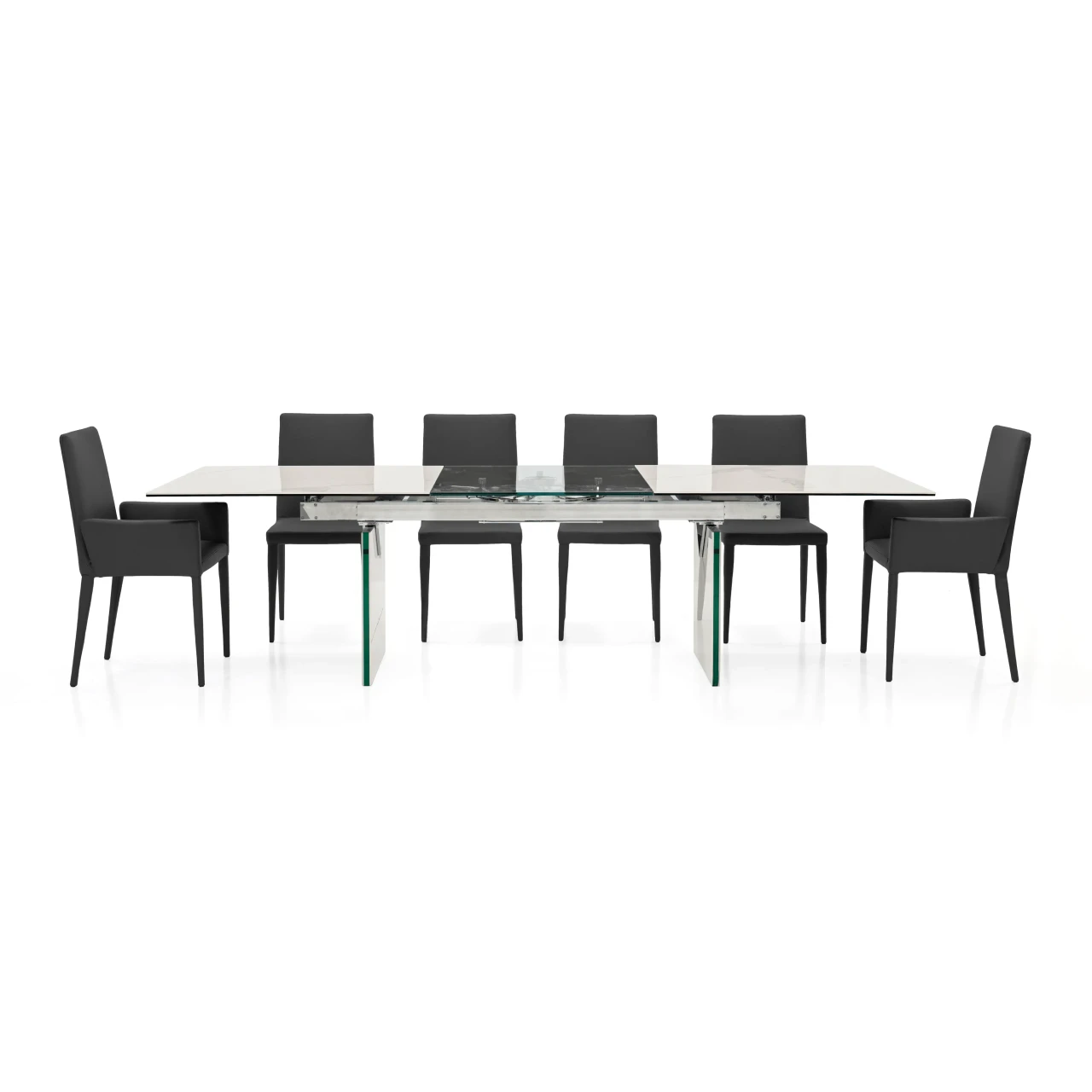 GREY LEATHER - Front view of Frag Bella Hp Arm Chairs in dark grey leather with a modern white and glass dining table.