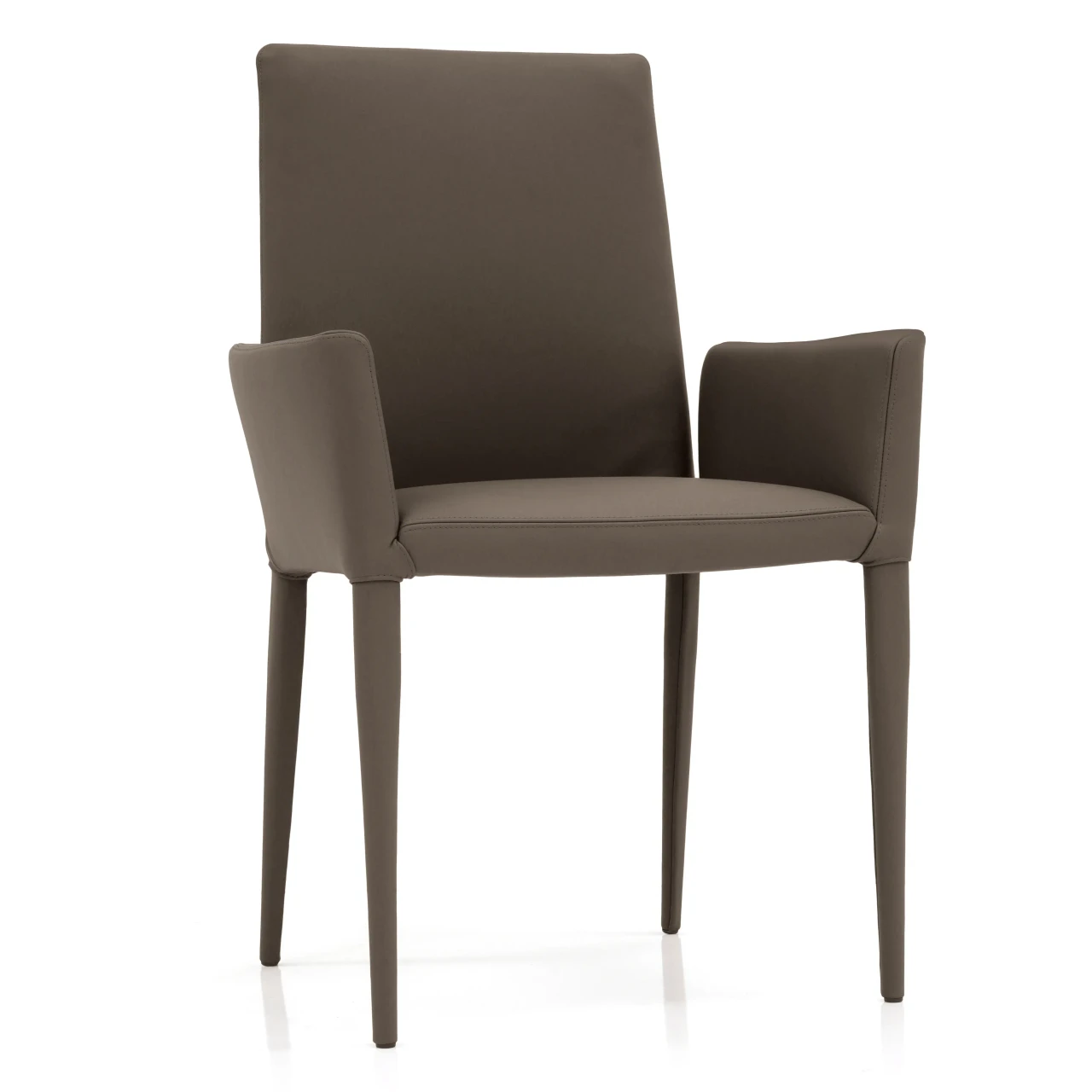 BROWN LEATHER - Frag Bella H Arm Chair in dark taupe leather, modern style with armrests and tapered legs, front view.