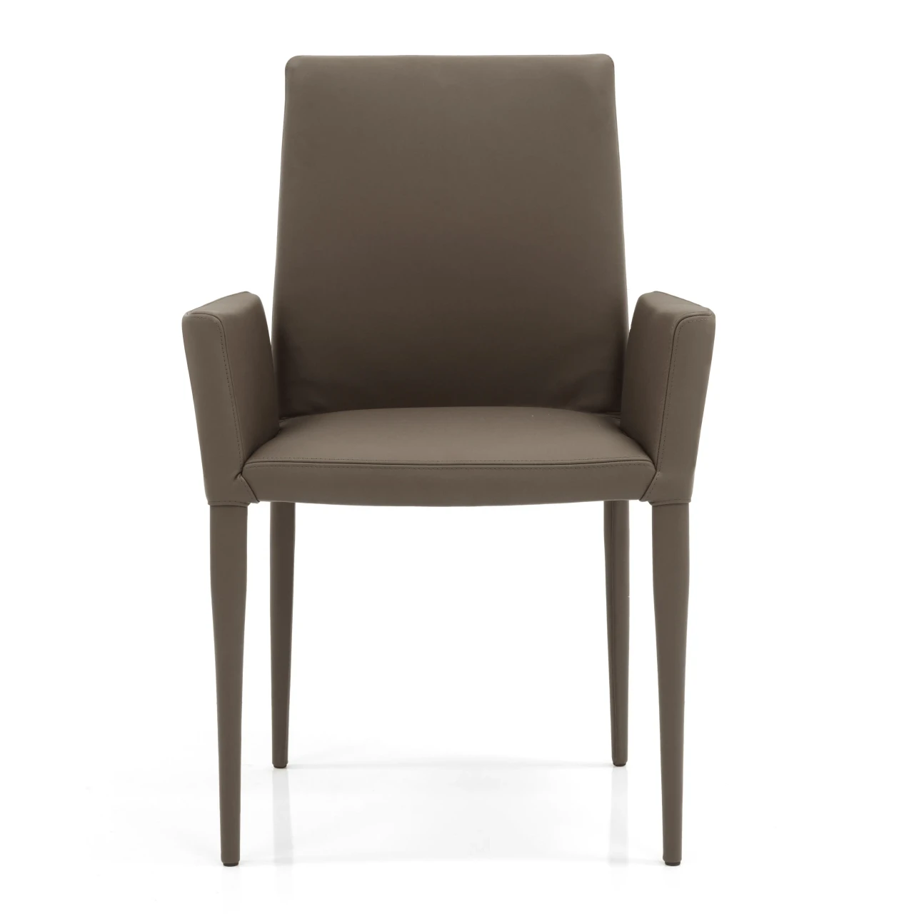 BROWN LEATHER - Frag Bella H Arm Chair in Dark Taupe leather, modern style with armrests and tapered legs, front view.