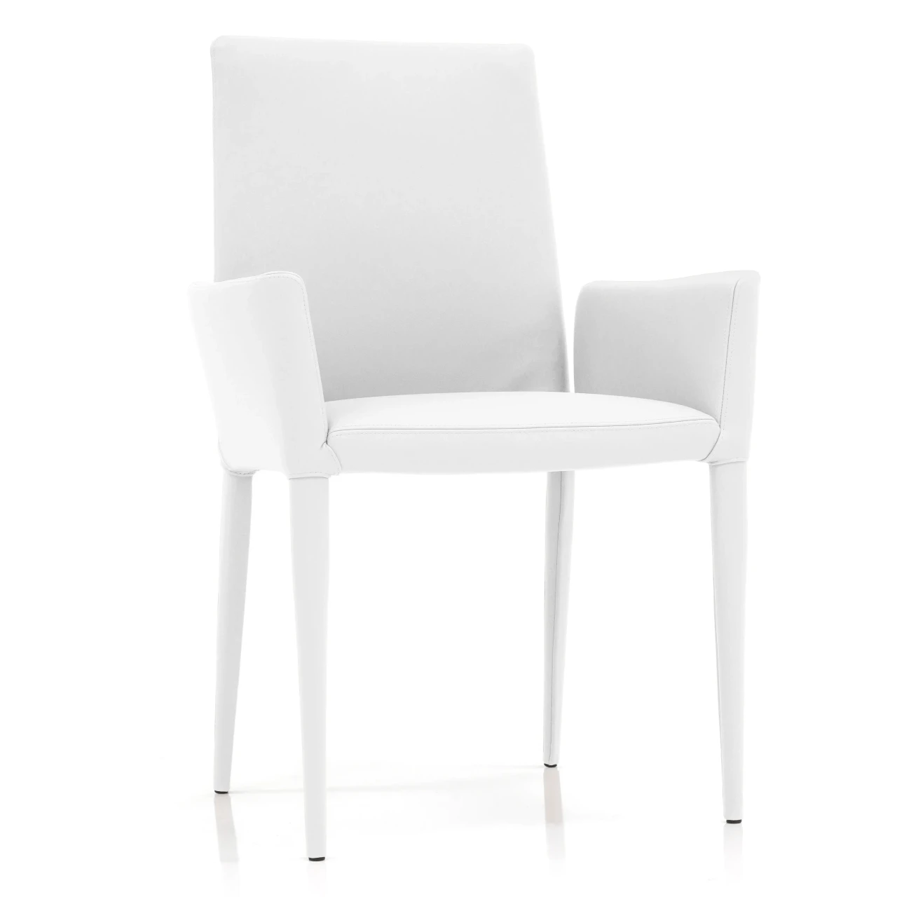 WHITE LEATHER - Frag Bella Hp Arm Chair, modern white leather armchair with armrests and tapered legs, front view.