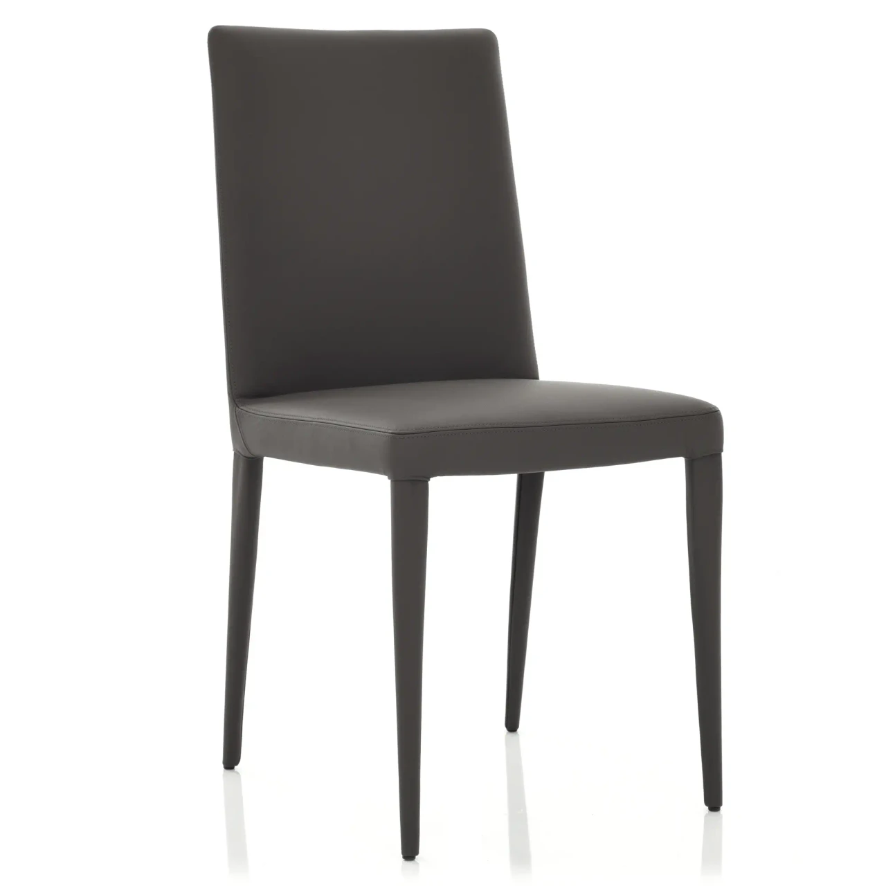 GREY LEATHER - Frag Bella H Side Chair in dark grey leather, modern style with tapered legs, three-quarter view.