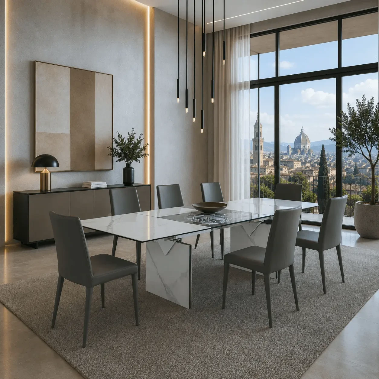 GREY LEATHER - Frag Bella H side chairs in dark grey leather, modern style, dining room setting, wide angle view.