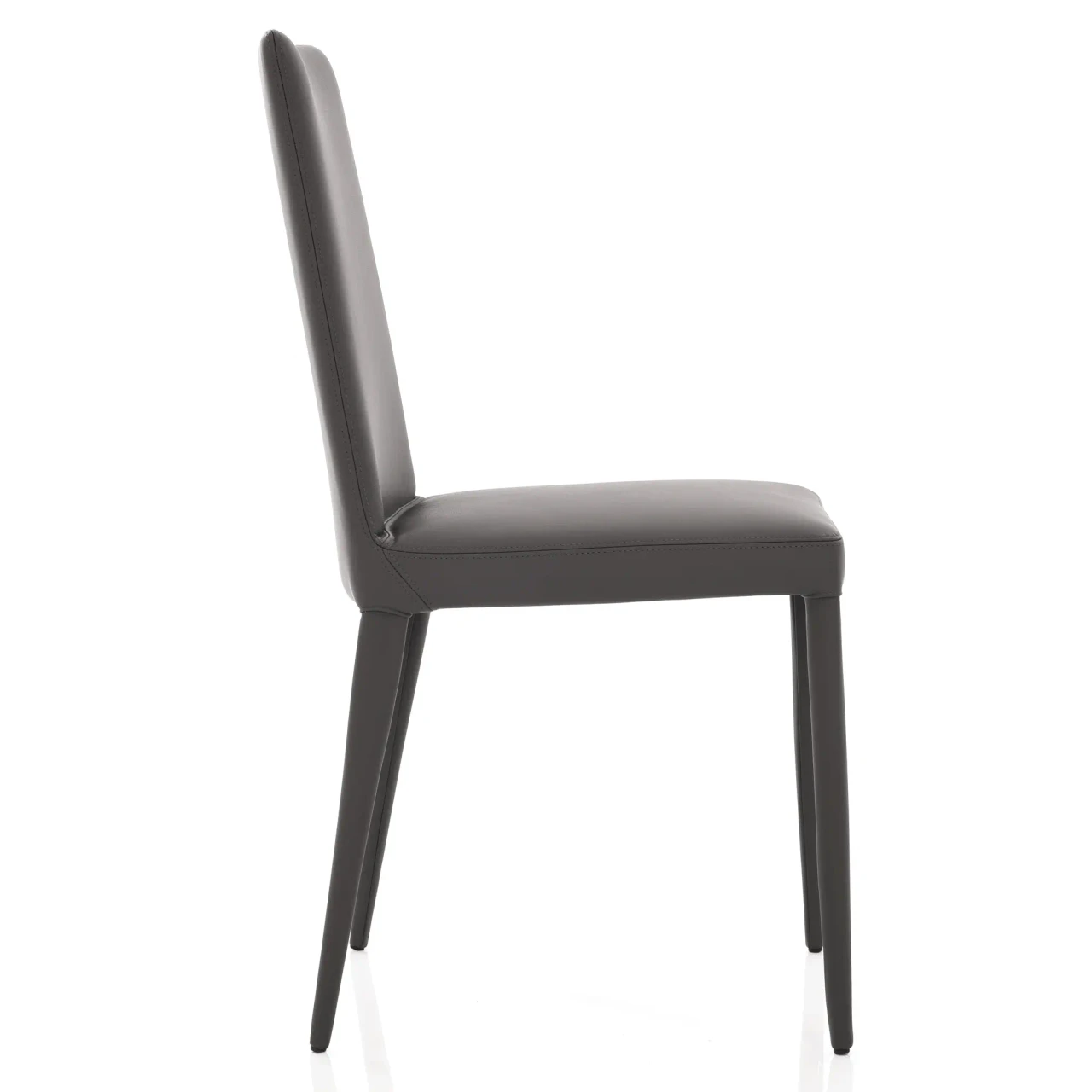 GREY LEATHER - Frag Bella H Side Chair, modern style, dark grey leather, tapered legs, side view
