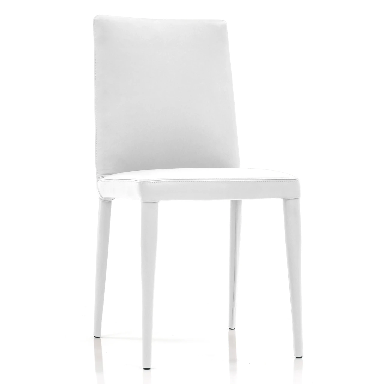 WHITE LEATHER - Frag Bella H Side Chair, Rafaello 09-300 white leather, modern style, tapered legs, three-quarter front view.