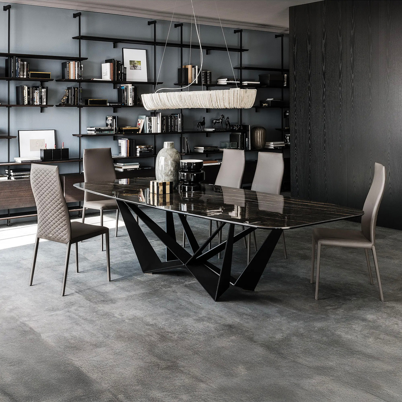 - Shown here in the Glossy Portoro ceramic top and Black embossed base.