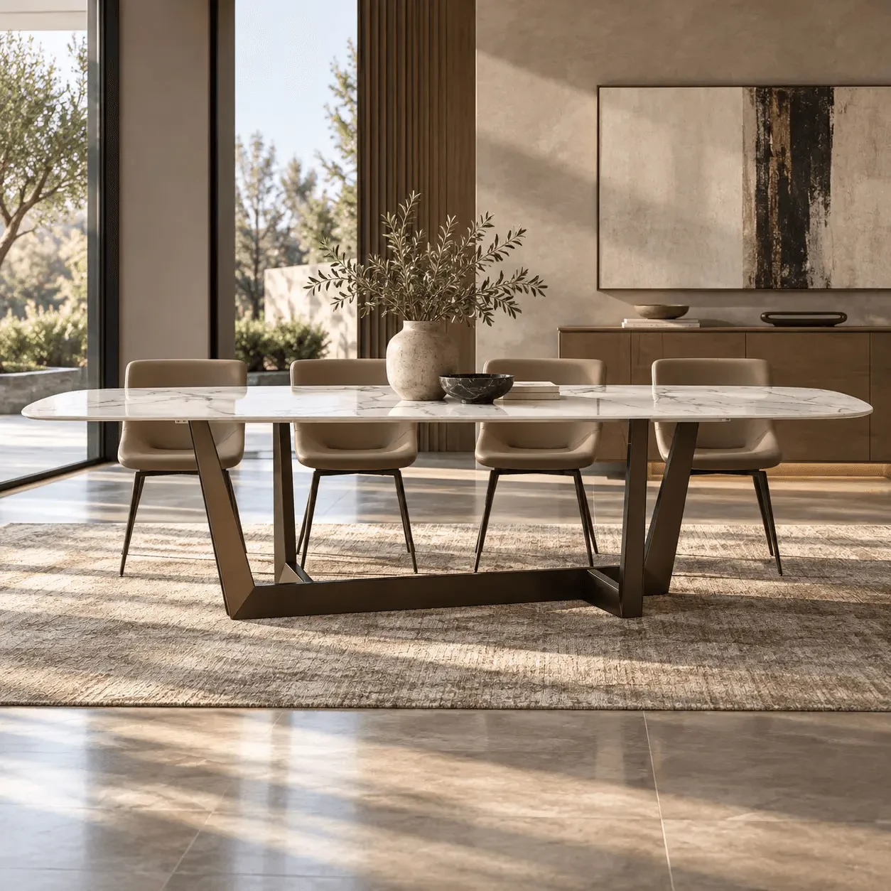 Bonaldo Artika Side Chairs in Capri Leather with Matt Bronze Metal Legs in a modern dining room, front view.