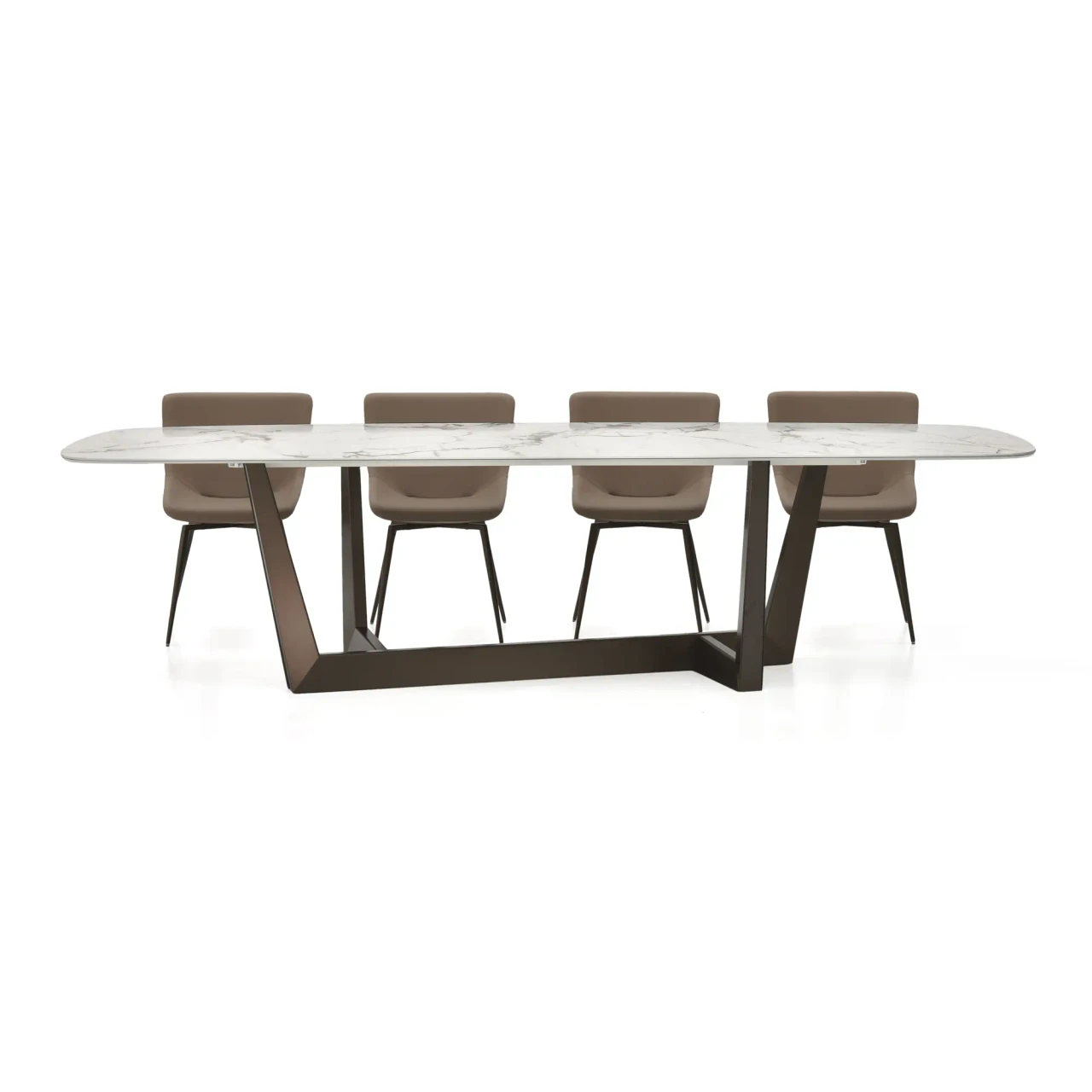 Bonaldo Artika Side Chairs in Capri Leather with a white marble dining table and Matt Bronze Metal Legs, front view.