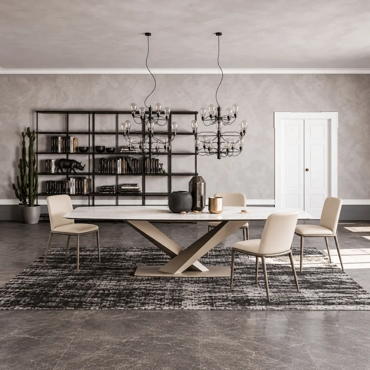 OYSTER - Cattelan Magda Ml Side Chairs in Oyster Soft Leather with Titanium Embossed Steel Frame in a modern dining room setting.