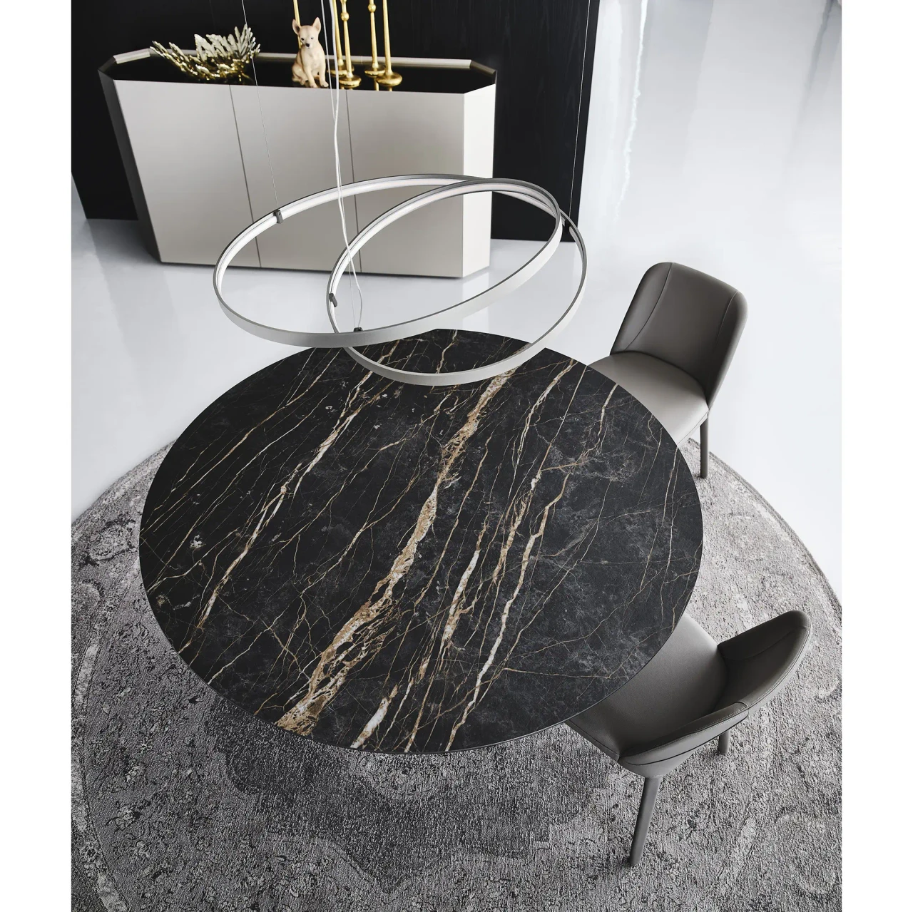 MATTE PORTORO || BLACK EMBOSSED STEEL - Cattelan Yoda Keramik Dining Table, 55 In, Matt Portoro Ceramic Top, modern style, high angle view in dining room setting.