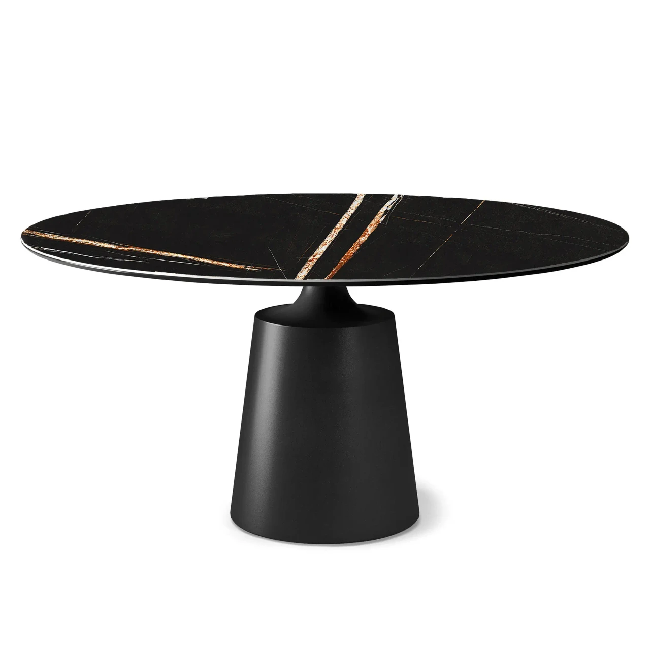 GLOSSY SAHARA NOIR || BLACK EMBOSSED STEEL - Cattelan Yoda Keramik Dining Table, 55 In, Glossy Sahara Noir KM09 top with Black Embossed Steel Base, front view.