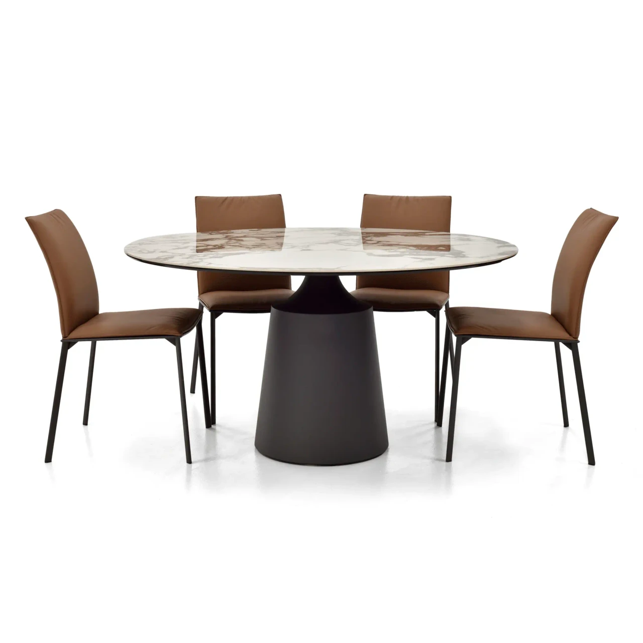 BRECCIA || GRAPHITE EMBOSSED STEEL - Cattelan Yoda Keramik Dining Table with Breccia ceramic top and graphite embossed steel base with four brown chairs, front