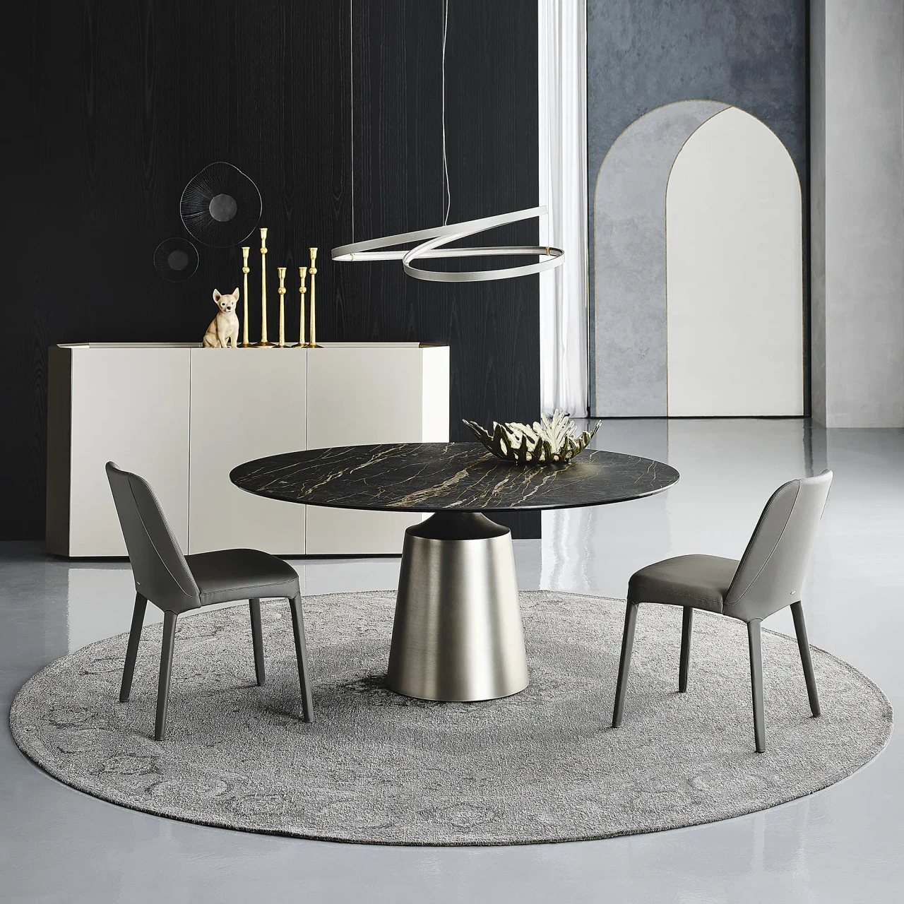 MATTE GOLDEN CALACATTA || SATIN TITANIUM - Cattelan Yoda Keramik Dining Table, 55 In, Matt Golden Calacatta Top, Satin Titanium Steel Base, modern dining room, front