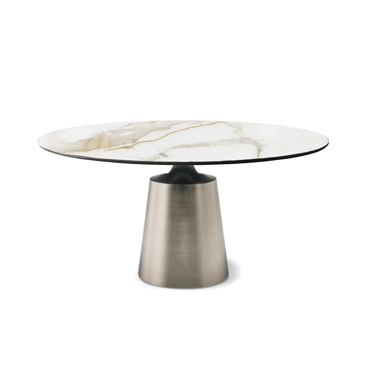GLOSSY GOLDEN CALACATTA || SATIN TITANIUM - Cattelan Yoda Keramik Dining Table, 55 In, Glossy Gold Calacatta Top, Satin Titanium Steel Base, front view.