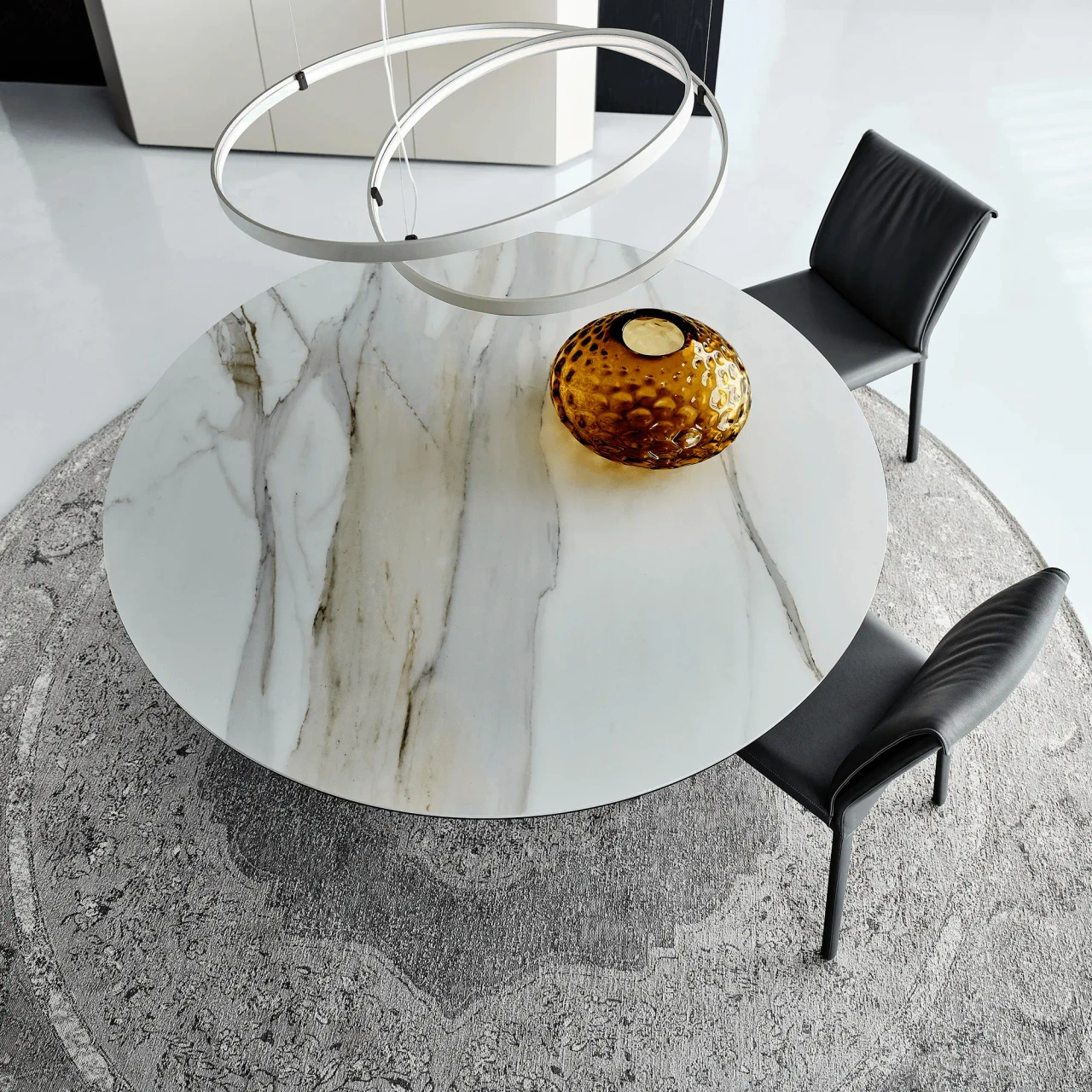 GLOSSY GOLDEN CALACATTA || SATIN TITANIUM - Cattelan Yoda Keramik Dining Table, 55 In, Glossy Gold Calacatta Top, modern dining room, high angle view.