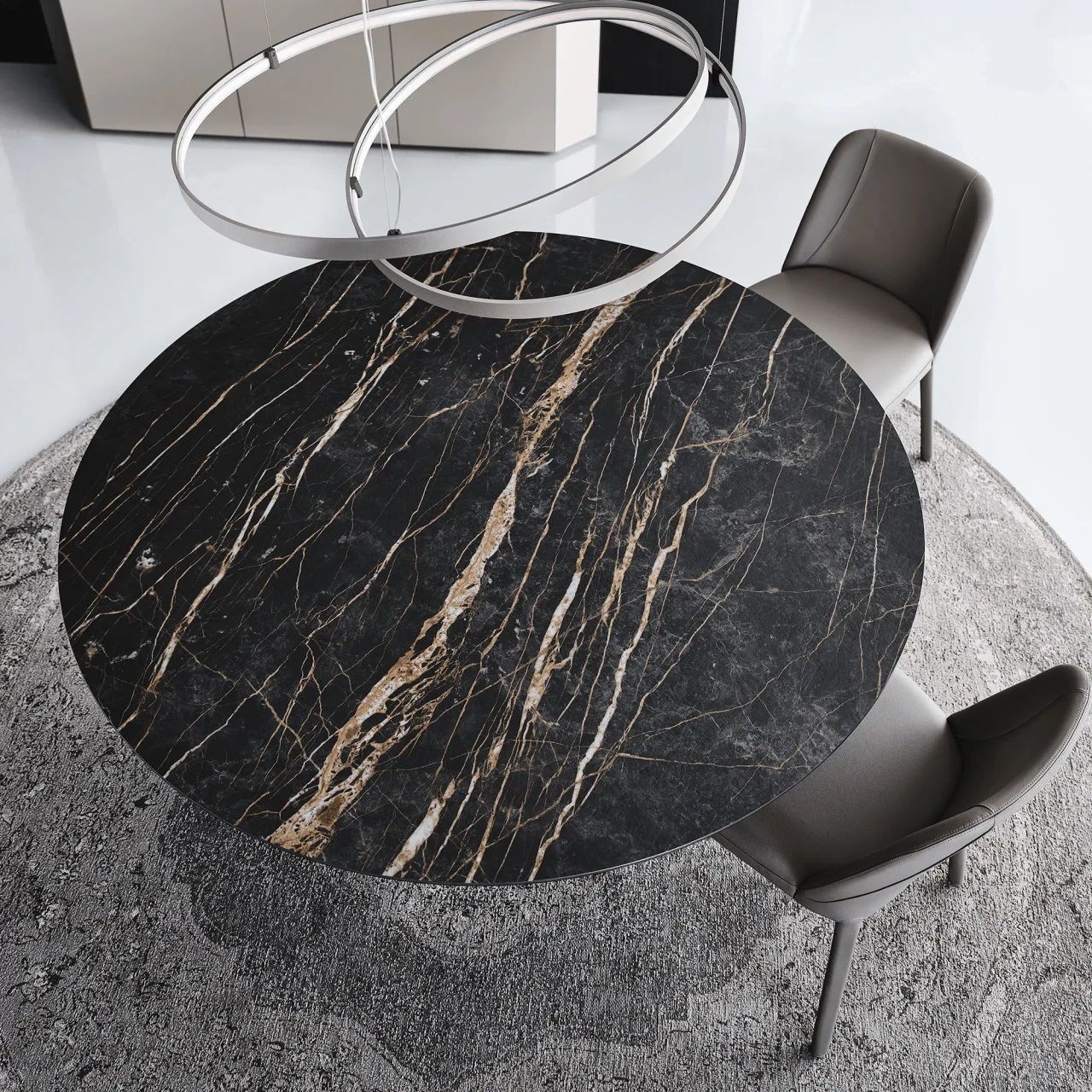 GLOSSY PORTORO || BLACK EMBOSSED STEEL - Cattelan Yoda Keramik Dining Table, 55 In, Glossy Portoro Ceramic, modern style, top-down view in dining room setting.