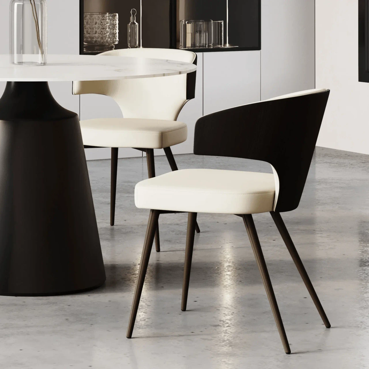 Wing Side Chair in dining room, beige leather seat and burnt ash back, brown metal legs, three-quarter side view.